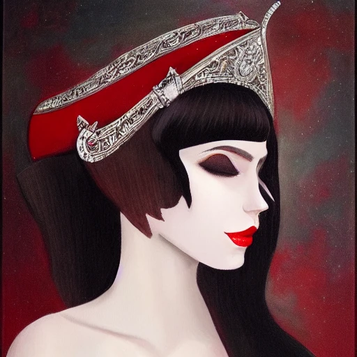 beauty of the night, long black flocks flowing on the shoulders and chest, white silky skin, dark brown eyes, powerful red lips, thin nostrils, elf ears, emerald tiara, emerald collier, emerald velvet sleevless dress,, Oil Painting