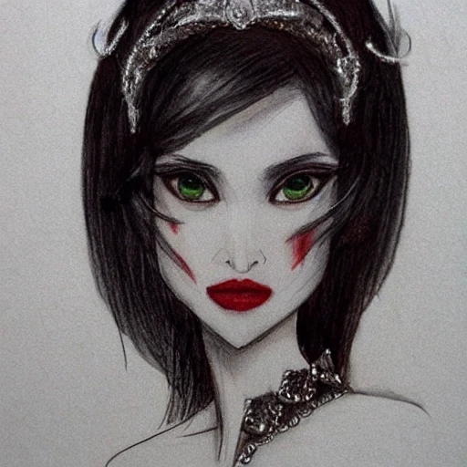 beauty of the night, long black flocks flowing on the shoulders and chest, white silky skin, dark brown eyes, powerful red lips, thin nostrils, elf ears, emerald tiara, emerald collier, emerald velvet sleevless dress,, Pencil Sketch