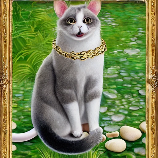 A beautiful shecat, big green eyes, gray-white fir, long tail, short legs, sitting with a mouse in her mouth, gold neckless with a gold pandante with S letter, green forest background, a small pond in front of the cat with white pebbles on the shore and gold fishes in the pond, in 8K, 3D