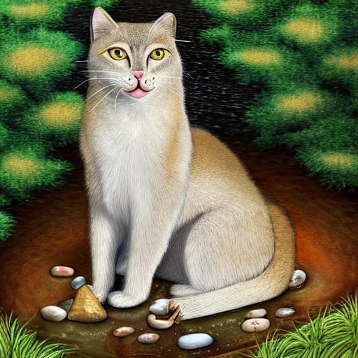 A beautiful shecat, big green eyes, gray-white fir, long tail, short legs, sitting, gold neckless with a gold pandante with S letter, green forest background, a small pond in front of the cat with white pebbles on the shore and gold fishes in the pond, in 8K, , 3D