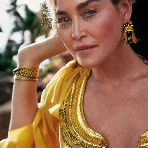 portrait of sharon stone wearing kebaya in bali temple, by charlotte grimm, natural light, detailed face, beautiful features, symmetrical, canon eos c 3 0 0, ƒ 1. 8, 3 5 mm, 8 k, medium - format print, half body shot