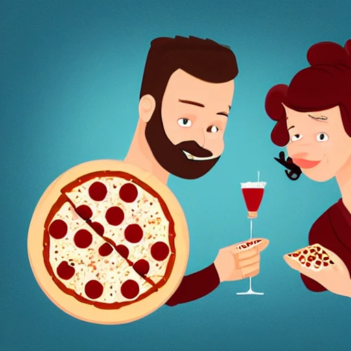 realistic detailed man and woman eating pizza on a date