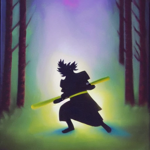 Oil painting in which a bioluminescent hedgehog practices kendo in a dark forest 