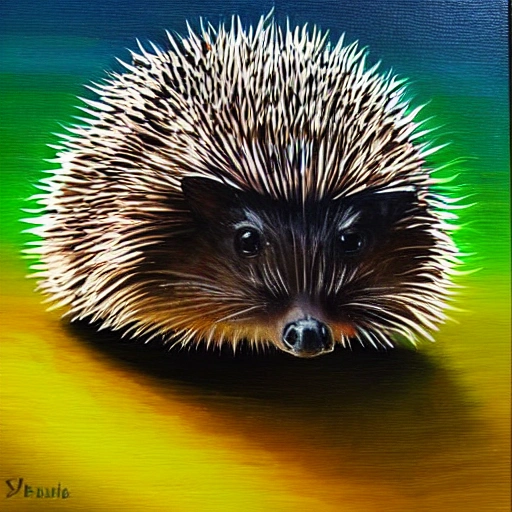 Highly detailed oil painting of a hedgehog with bioluminescent quills