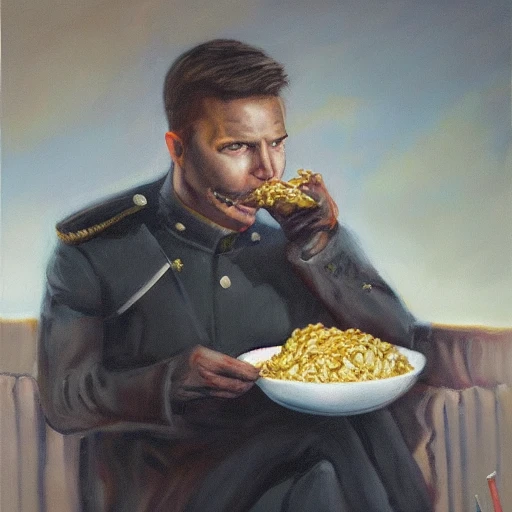 Surreal oil painting of Commander Zavala eating a bowl of oatmeal while beset by the wicked
