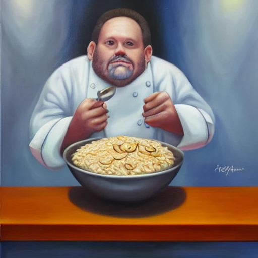 Surreal oil painting of a chef eating a bowl of oatmeal while beset by the wicked
