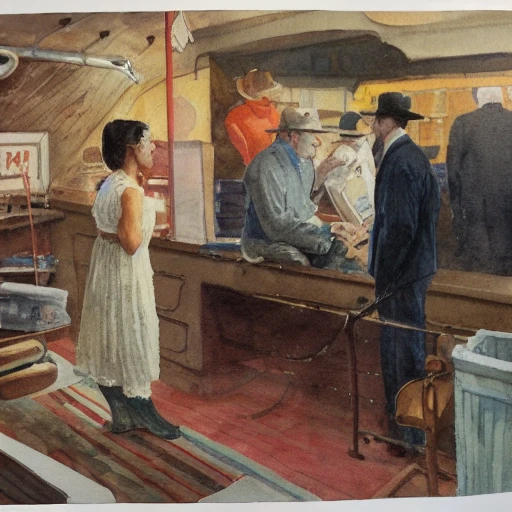 Water color painting of a couple browsing a used space ship lot, in the style of Thomas Eakins