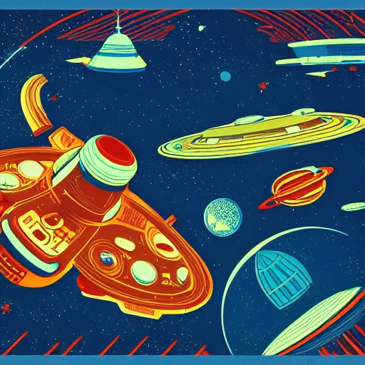 Unbelievably detailed screen print of a retro futuristic spaceport