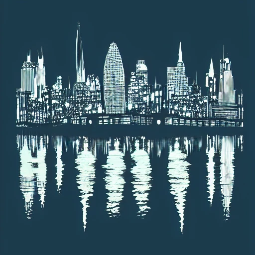The night city skyline reflected upon a river, screen print