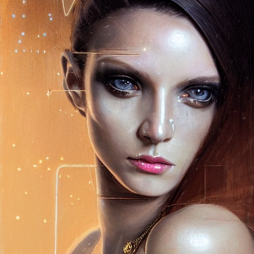 Facial portrait of a gorgeous cyberpunk girl, looking away from the camera, seductive smile, gold jewellery, elegant revealing intricate dress, sparkle in eyes, lips slightly parted, long flowing hair, no hands visible, diamonds, science fiction, delicate, teasing, arrogant, defiant, bored, mysterious, intricate, extremely detailed painting by Mark Brooks (and by Greg Rutkowski), visible brushstrokes, thick paint visible, no light reflecting off paint, vibrant colors, studio lighting