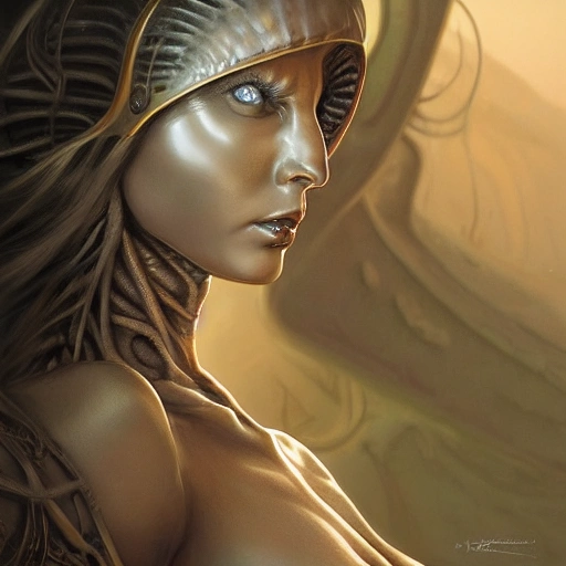 closeup portrait shot of a female alien woman in a scenic extraterrestrial environment, areolas, elegant, high detail, centered, digital painting, organic, concept art, smooth, sharp focus, illustration, hr giger, craig mullins, peter mohrbacher, donato giancola, leyendecker, boris vallejo