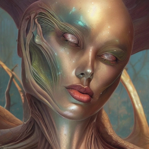 closeup portrait shot of a female alien woman in a scenic extraterrestrial environment, areolas, elegant, high detail, centered, digital painting, organic, concept art, smooth, sharp focus, illustration, hr giger, craig mullins, peter mohrbacher, donato giancola, leyendecker, boris vallejo