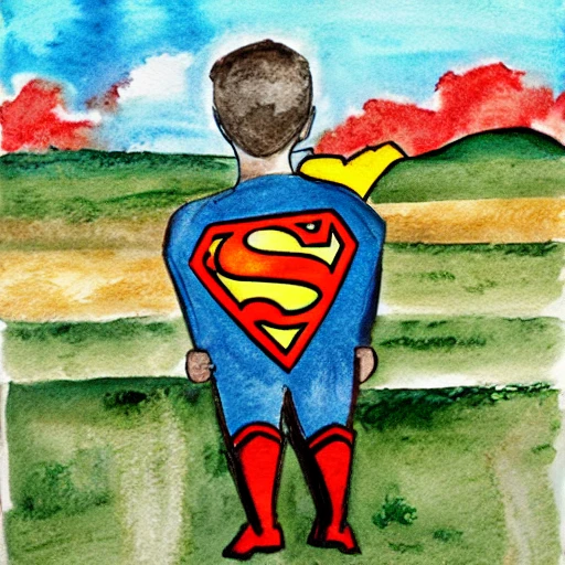 , Water Color
midwest wheat field with superman as a 10 year old in a wheel chair