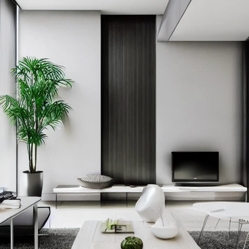 luxury condo interior with minimalist furniture and lush houseplants and abstract wall paintings | modern architecture, trend in Artstation, medellin