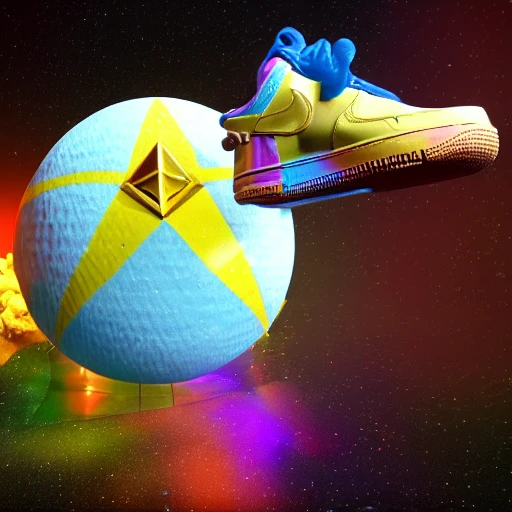 Multidimensional psychedelic realistic fantasy freemason lodge planet floating in space, nike air force 1, shoe flouting on a cloud and covered in ice cream, 3D render, 4k, unreal unreal engine, 3d blender render, soft colors, soft shadows, nion light 