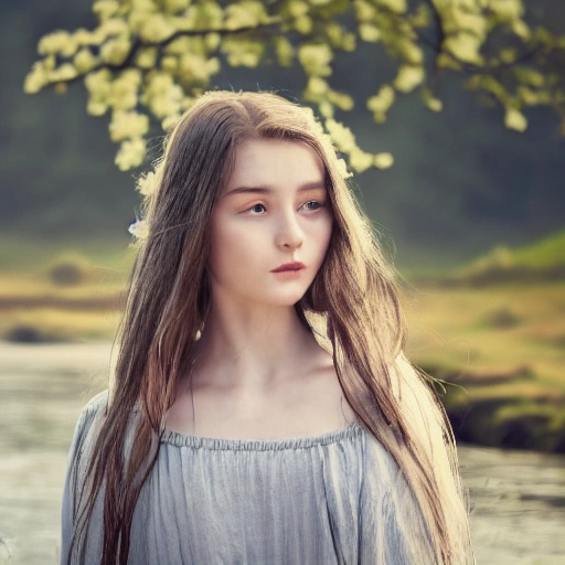 closeup portrait of 1 pure young girl, standing by a river in the spring season with flowers, pale kin, under god rays, windblown long grey wavy hair, perfect chest, detailed face, exact proportion, soft cinematic lighting, muted colors, hyperrealistic, 8k, octane render,