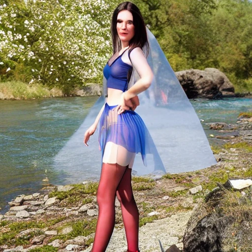 full body shot, of 1 pure young woman, beautiful symmetrical face, with hypnotic deep dark blue eyes, in translucent micro sheer skirt, revealing chest open sheer translucent shirt, cherry red full lips + sheer short translucent sheer micro mini skirt with open sides, , standing by a river in the spring season with flowers, pale skin, under god rays, windblown long grey wavy hair, perfect large chest low cut shirt, detailed face, exact proportion, soft cinematic lighting, muted colors, hyperrealistic, 8k, octane render,-upbeta --q 2 --v 4 - s 1000 