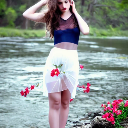 full body shot, of 1 pure young woman, beautiful symmetrical face, with hypnotic deep dark blue eyes, in translucent micro sheer skirt, revealing chest open sheer translucent shirt, cherry red full lips + sheer short translucent sheer micro mini skirt with open sides, , standing by a river in the spring season with flowers, pale skin, under god rays, windblown long grey wavy hair, perfect large chest low cut shirt, detailed face, exact proportion, soft cinematic lighting, muted colors, hyperrealistic, 8k, octane render,-upbeta --q 2 --v 4 - s 1000 