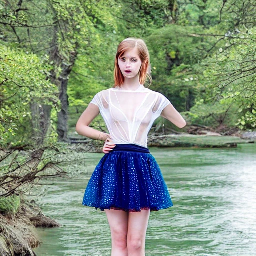 full body shot, of 1 pure young woman, beautiful symmetrical face, with hypnotic deep dark blue eyes, in translucent micro sheer skirt, revealing chest open sheer translucent shirt, cherry red full lips + sheer short translucent sheer micro mini skirt with open sides, , standing by a river in the spring season with flowers, pale skin, under god rays, windblown long grey wavy hair, perfect large chest low cut shirt, detailed face, exact proportion, soft cinematic lighting, muted colors, hyperrealistic, 8k, octane render,-upbeta --q 2 --v 4 - s 1000 