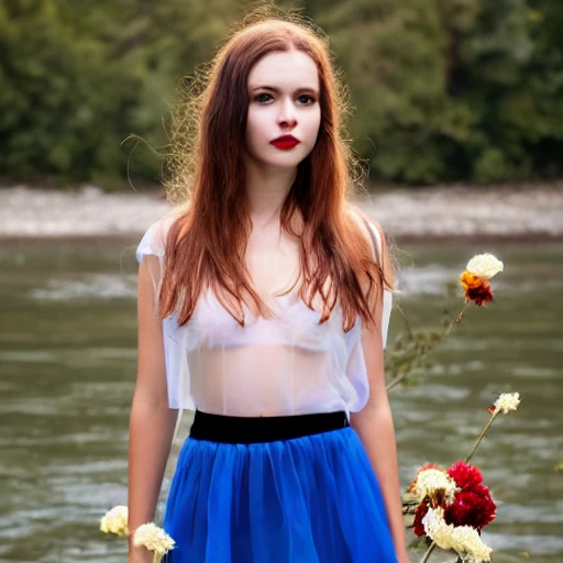 full body shot, of 1 pure young woman, beautiful symmetrical face, with hypnotic deep dark blue eyes, in translucent micro sheer skirt, revealing chest open sheer translucent shirt, cherry red full lips + sheer short translucent sheer micro mini skirt with open sides, , standing by a river in the spring season with flowers, pale skin, under god rays, windblown long grey wavy hair, perfect large chest low cut shirt, detailed face, exact proportion, soft cinematic lighting, muted colors, hyperrealistic, 8k, octane render,-upbeta --q 2 --v 4 - s 1000 