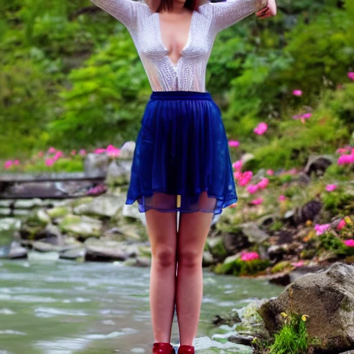 [full body shot], of 1 pure young woman, beautiful symmetrical face, with hypnotic deep dark blue eyes, in translucent micro sheer skirt, revealing chest open sheer translucent shirt, cherry red full lips + sheer short translucent sheer micro mini skirt with open sides, , standing by a river in the spring season with flowers, pale skin, under god rays, windblown long grey wavy hair, perfect large chest low cut shirt, detailed face, exact proportion, soft cinematic lighting, muted colors, hyperrealistic, 8k, octane render, --v 4 - s 1000 