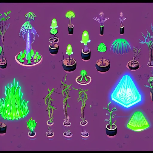 concept art 2 d game asset of wooden stick with an organic isometric design based on bioluminescent alien - like plants inspired by the avatar's bioluminescent alien nature. around the furniture, we can see plants that glow in the dark. all in isometric perspective and semi - realistic style item is in a black background colorful neons masterpiece 