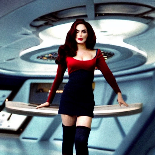 A spunky vivacious young woman, on deck of the starship enterprise, with curly bouncy long blond hair, with body of ,Megan Fox, Persian hauntingly beautiful symmetrical face with hypnotic deep dark blue eyes, in translucent micro mini sheer, star trek Enterprise red stiletto high heels thigh high stockings, symmetrical eyes, legs open, [beautiful symmetrical face], revealing chest open sheer translucent shirt, cherry red full lips + sheer short translucent sheer micro mini skirt with open sides, Photorealistic portrait of a beautiful woman.Ground-Shot, Ground-Shot Angle,  Photograph, Hyper realistic,Low-Angle Shot, Low Angle  Photorealistic, Photorealism,body symmetrical anatomy -v 4 - s 1000 

