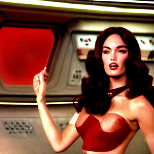 A spunky vivacious young woman, on deck of the starship enterprise, with curly bouncy long blond hair, with body of ,Megan Fox, Persian hauntingly beautiful symmetrical face with hypnotic deep dark blue eyes, in translucent micro mini sheer, star trek Enterprise red stiletto high heels thigh high stockings, symmetrical eyes, legs open, [beautiful symmetrical face], revealing chest open sheer translucent shirt, cherry red full lips + sheer short translucent sheer micro mini skirt with open sides, Photorealistic portrait of a beautiful woman.Ground-Shot, Ground-Shot Angle,  Photograph, Hyper realistic,Low-Angle Shot, Low Angle  Photorealistic, Photorealism,body symmetrical anatomy -v 4 - s 1000 

, Trippy