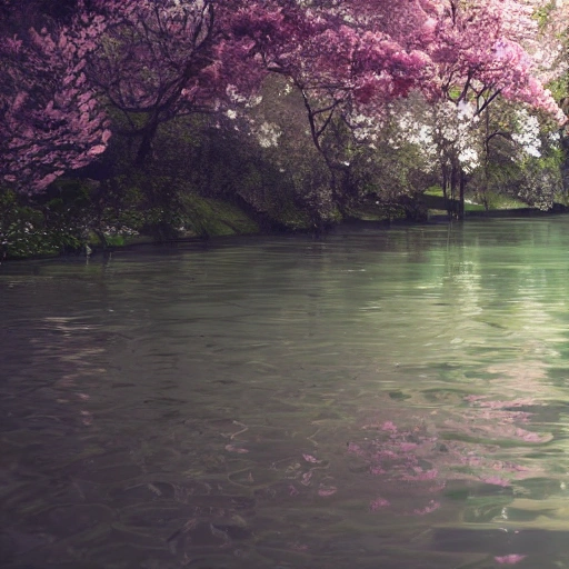  river in the spring season with flowers, soft cinematic lighting, muted colors, hyperrealistic, 8k, octane render,, Water Color