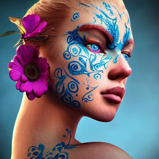 upper-body shot, 1beautiful woman, pretty face, perfect naked breast, colorful flower patterns, detailed blue eyes, extremely detailed, intricate, olumetric lighting, hyper realistic, concept art, awarding winning photography, octane render