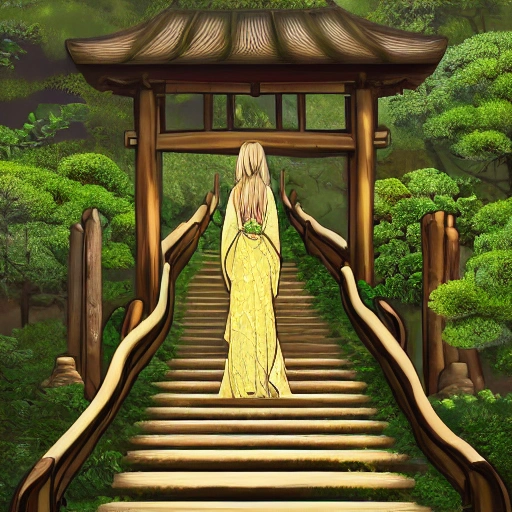 Zen Garden, in a magical mountain forest, a large pathway in the middle, a stairway ascending, a huge Japanese wooden gate above the stairway, a golden goddess with long blonde hair, a golden lace long dress, very long sleeves, she is ascending, detached from the ground, , 4K, , Cartoon