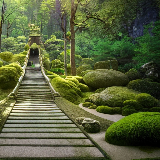 Zen Garden, in a magical mountain forest, a large pathway in the middle, a stairway ascending, a huge Japanese wooden gate above the stairway, a golden goddess with long blonde hair, a golden lace long dress, very long sleeves, she is ascending, detached from the ground, 4K resolution, , Water Color