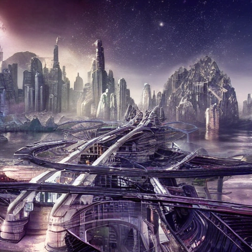 nature covered sci-fi city, magical, , 3D