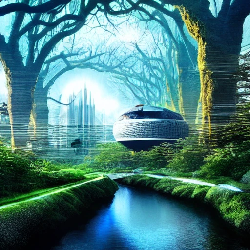 nature covered sci-fi city, magical, Trippy