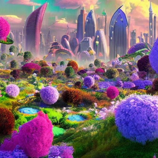 sci-fi city covered by a flowering meadow of colorful flowers different species, floating islands covered with lush vegetation, planets in the background horizon, detailed wonderland, 8k, deep color, digital painting,