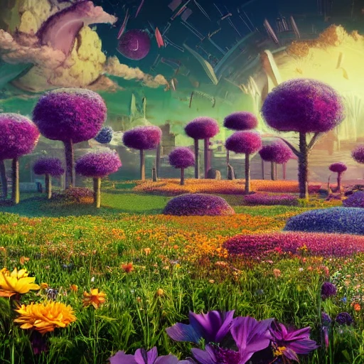 sci-fi city covered by a flowering meadow of colorful flowers different species, floating islands covered with lush vegetation, planets in the background horizon, detailed wonderland, 8k, deep color, digital painting,, 3D