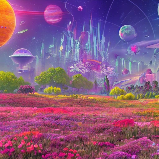 sci-fi city covered by a flowering meadow of colorful flowers different species, floating islands covered with lush vegetation, planets in the background horizon, detailed wonderland, 8k, deep color, digital painting, Pencil Sketch