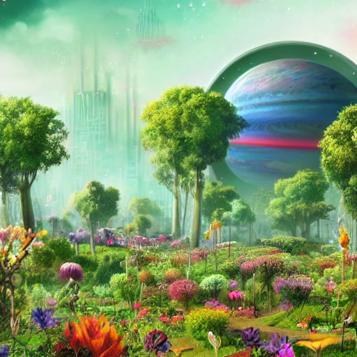 sci-fi city covered by a flowering meadow of colorful flowers different species, floating islands and trees covered with lush vegetation, planets in the background horizon, detailed wonderland, 8k, deep color, digital painting, Pencil Sketch