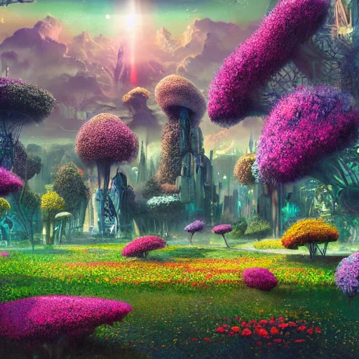 sci-fi city covered by a flowering meadow of colorful flowers different species, floating islands and trees covered with lush vegetation, planets in the background horizon, detailed wonderland, 8k, deep color, digital painting, Oil Painting