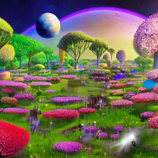 sci-fi city covered by a flowering meadow of colorful flowers different species, floating islands and trees covered with lush vegetation, planets in the background horizon, detailed wonderland, 8k, deep color, digital painting, Water Color, 3D