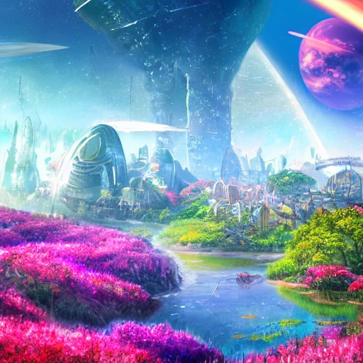 sci-fi city covered by a flowering meadow of colorful flowers different species, floating islands and trees covered with lush vegetation, planets in the background horizon, detailed wonderland, 8k, deep color, digital painting, Water Color, 3D, Water Color