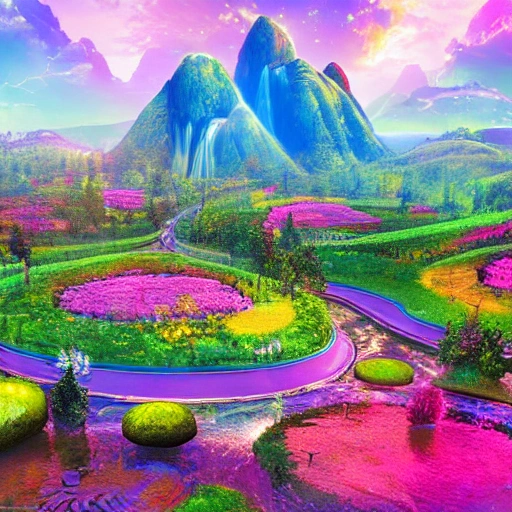 sci-fi city covered by a flowering meadow of colorful flowers different species, floating islands and trees covered with lush vegetation, planets in the background horizon, detailed wonderland, moutain with waterfall, 8k, deep color, digital painting, Water Color, 3D, Water Color