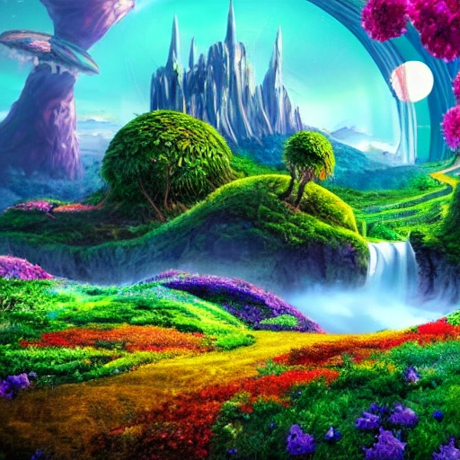 sci-fi city covered by a flowering meadow of colorful flowers different species, floating islands and trees covered with lush vegetation, planets in the background horizon, detailed wonderland, moutain with waterfall, 8k, deep color, digital painting