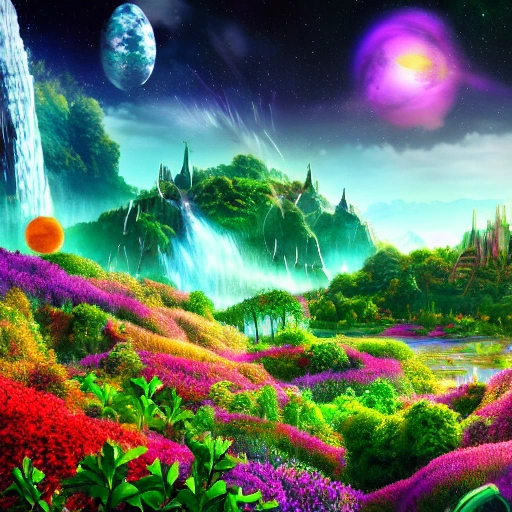 sci-fi city covered by a flowering meadow of colorful flowers di ...