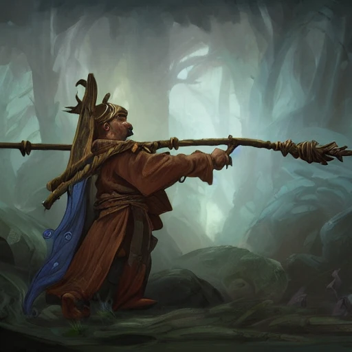 a digital painting of an isometric medieval wooden fantasy magic staff on a plain black background by justin gerard, paul bonner, 2 d game art, isometric, highly detailed, pale blue backlight, digital art, artstation hd 