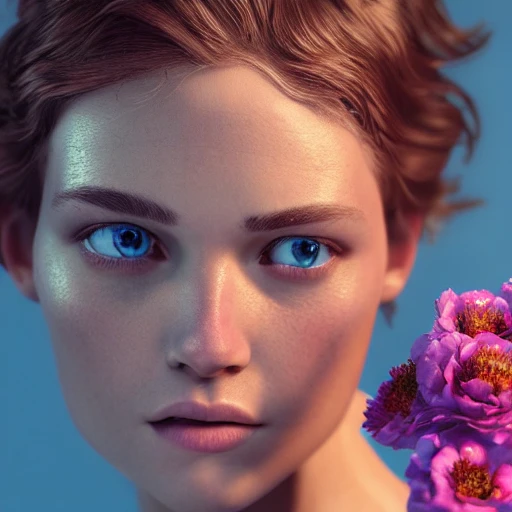 1beautiful woman with pretty face that is facing 1beautiful man, perfect naked bodies, pretty faces, man with short trimmed hair, colorful flower patterns, detailed blue eyes, extremely detailed, intricate, olumetric lighting, hyper realistic, concept art, awarding winning photography, octane render