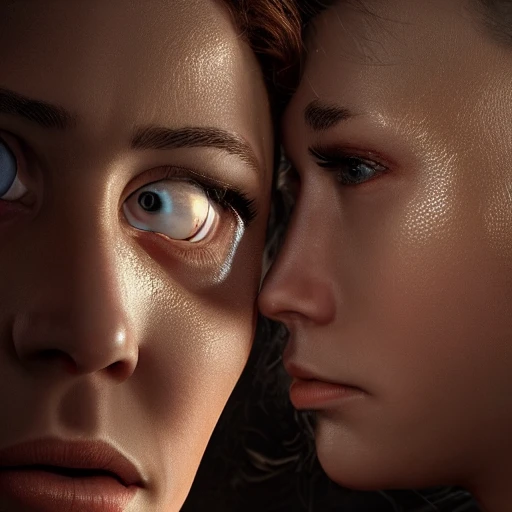 a woman and man facing each other, woman with detailed brown eyes, extremely detailed, intricate, olumetric lighting, hyper realistic, concept art, awarding winning photography, octane render