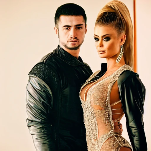 portrait of lucas vasile and carmen electra wearing kebaya in futuristic surrounding, natural light, detailed face, beautiful features, romantic, love scene, symmetrical, - format print, half body shot