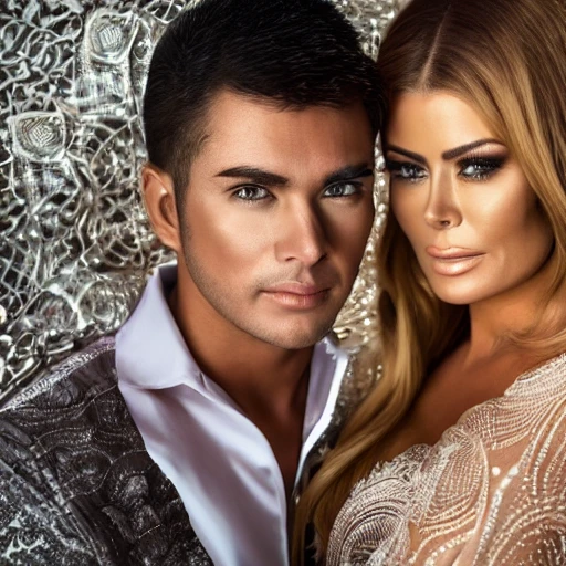 portrait of lucas and carmen electra wearing kebaya in futuristic surrounding, natural light, detailed face, beautiful features, romantic, love scene, symmetrical, - format print, half body shot