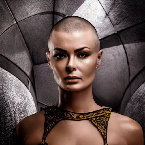 portrait of athletic man with shaved head and carmen electra wearing kebaya in futuristic surrounding, natural light, detailed face, beautiful features, romantic, love scene, symmetrical, - format print, half body shot